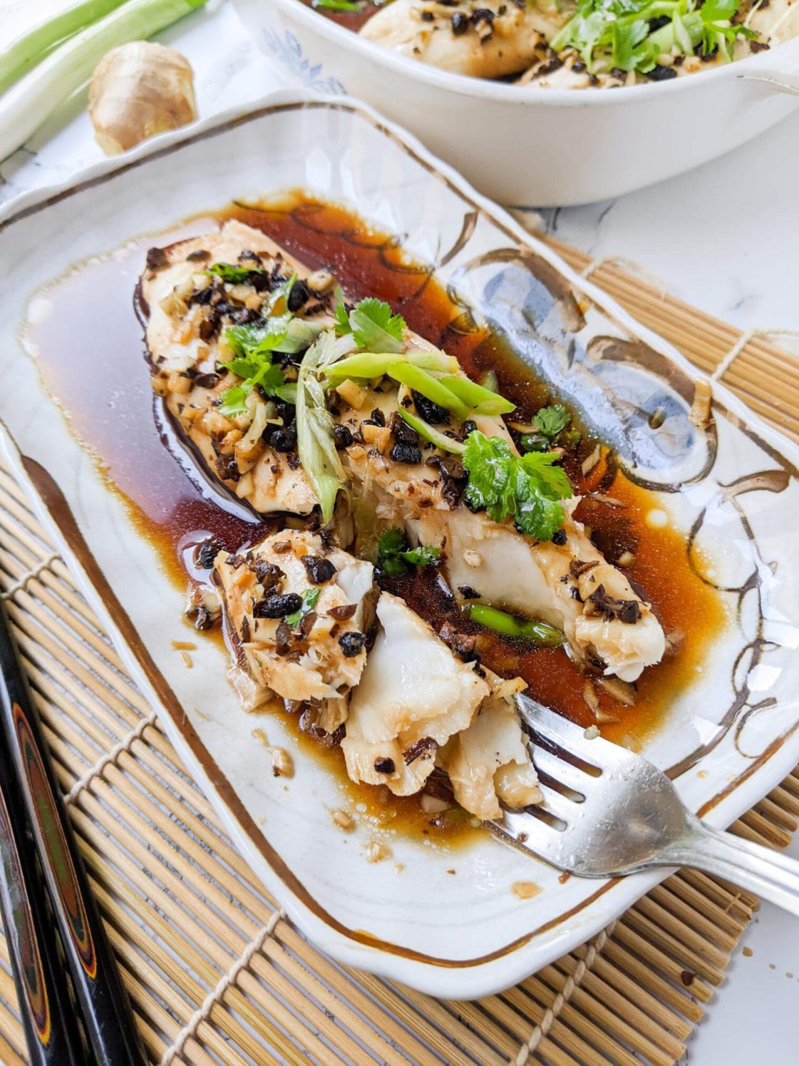 Chinese Steamed Fish Fillets with Black Bean Sauce Recipe w Fork