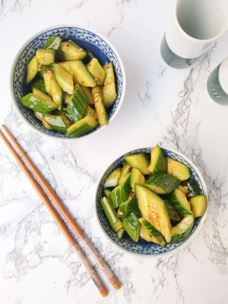 Chinese smashed cucumber salad overhead