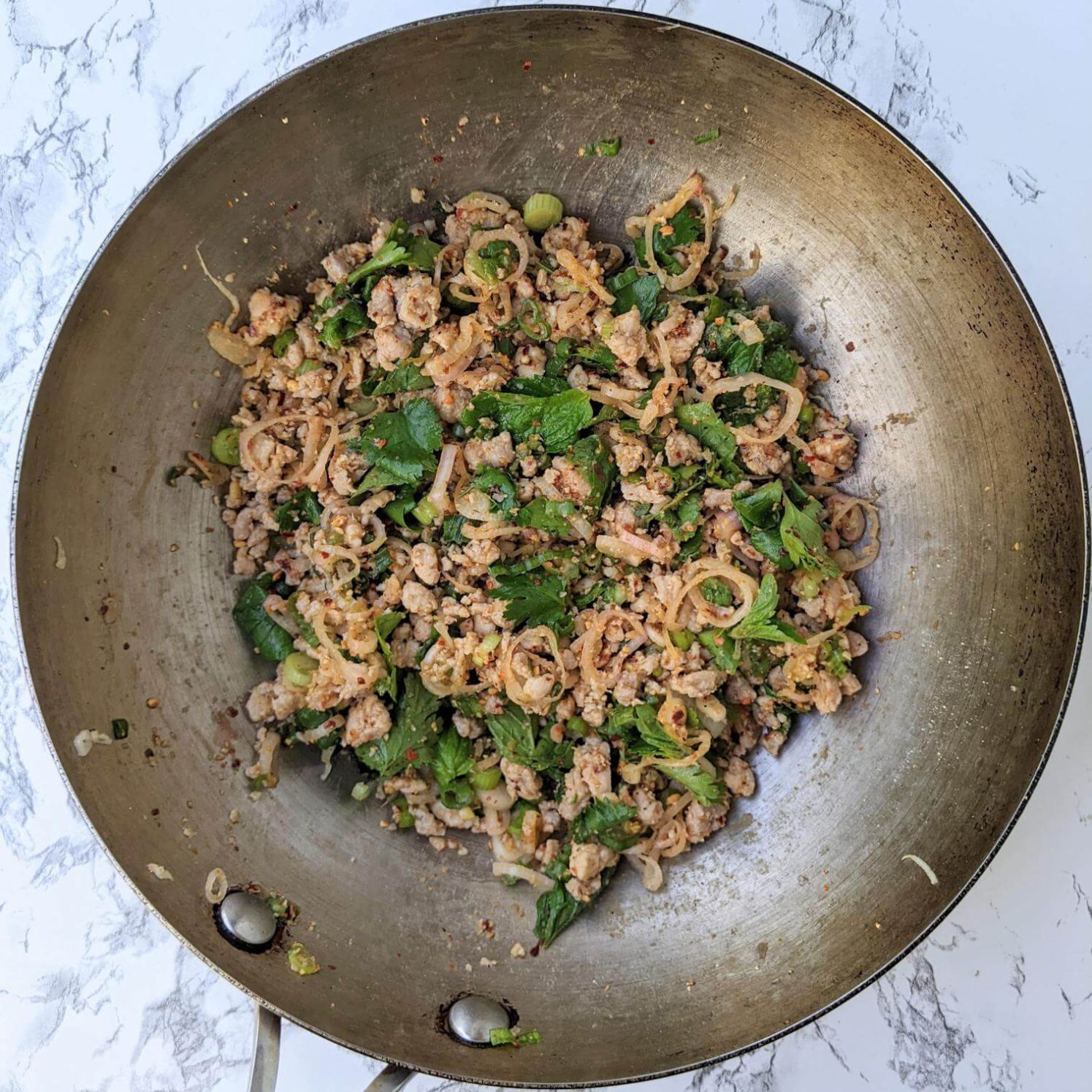 Laab Gai, Thai Chicken Larb Salad - Herbs mixed in