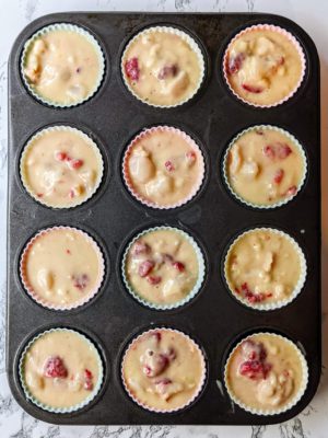 Rasberry Lychee Muffins Portioned in Baking Pan